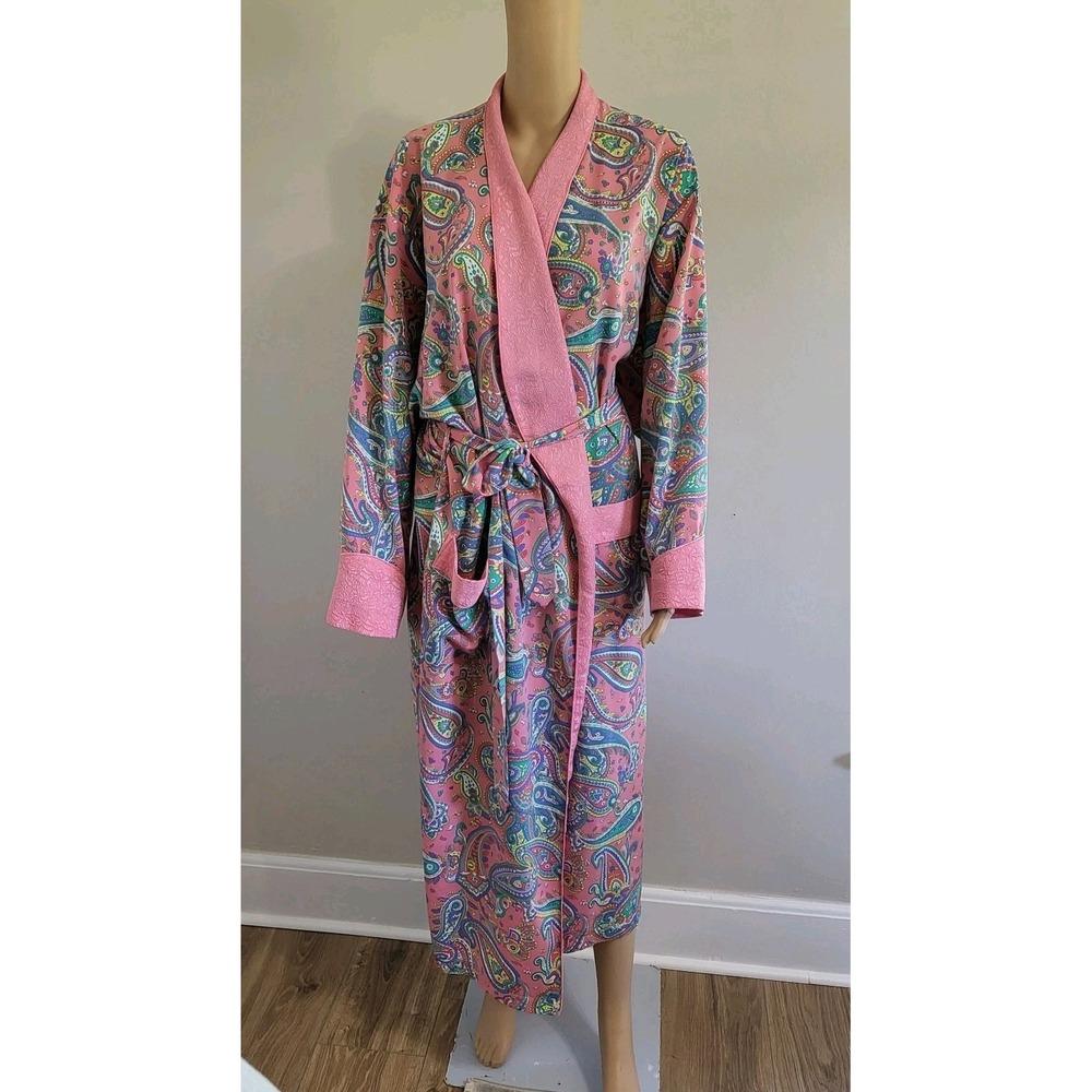 VTG Victoria's Secret Gold Label Pink Paisley Print Robe‎ Belted Women's L